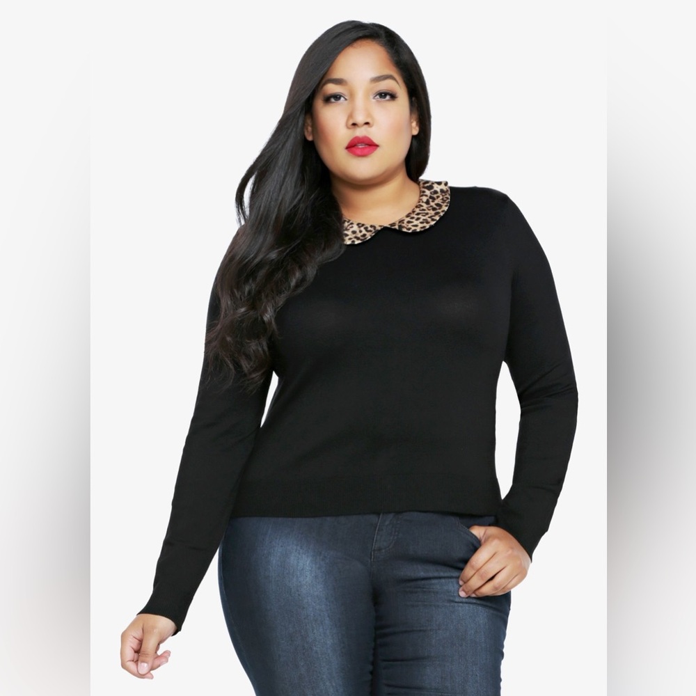 torrid Black Button-Front Sweater with Leopard Collar